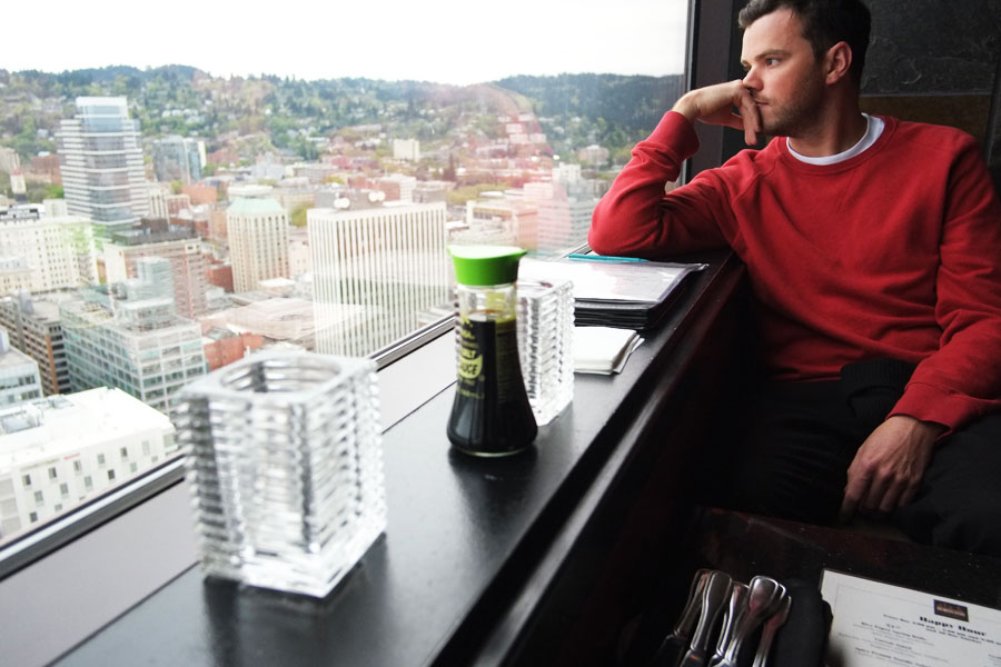 Chris is contemplating the view and the soy sauce